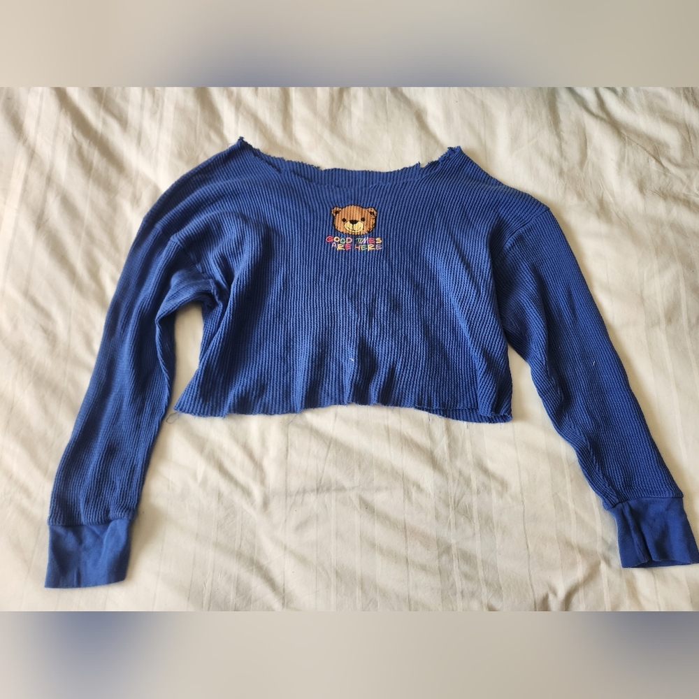Blue Cropped Off The Shoulder Sweater with Bear Embroidery